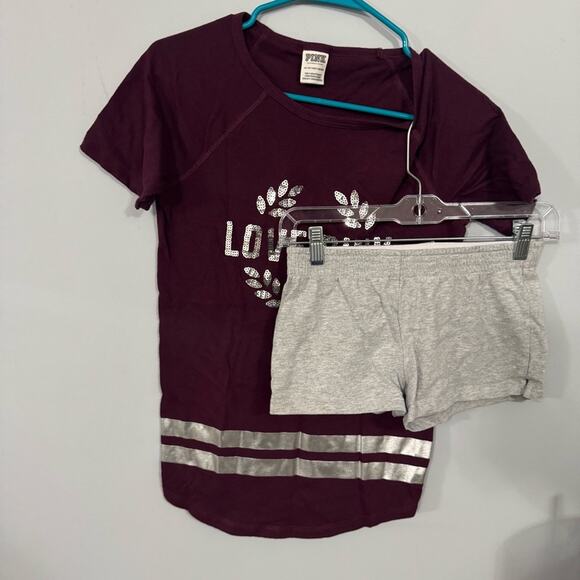 PINK Victoria's Secret Tops - 2 Piece LOT Women’s Size XS Love Pink Sequin Tee Shirt & Gray Pull On Shorts